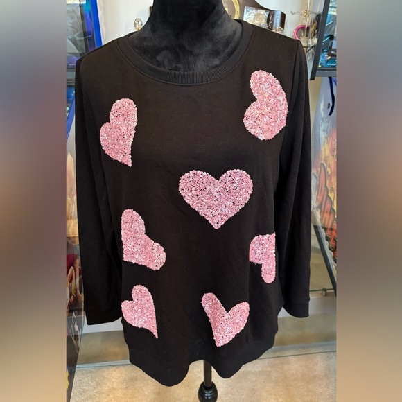 INC International Concepts Sweaters - NEW INC Plus Size Sequin-Heart Black Sweatshirt 0X
